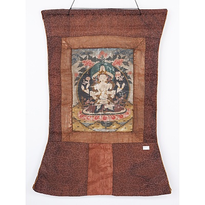 Buddhist Thangka, Avalokitesvara, Tempera on Linen with Silk