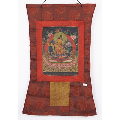 Buddhist Thangka, Manjushri, Tempera on Linen with Silk