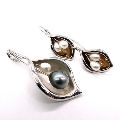 Sterling Silver and Freshwater Pearl Pendant and Matching Earrings