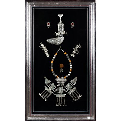 Middle Eastern Traditional Jewellery and Janbiyer Dagger and Sheath in Framed Presentation