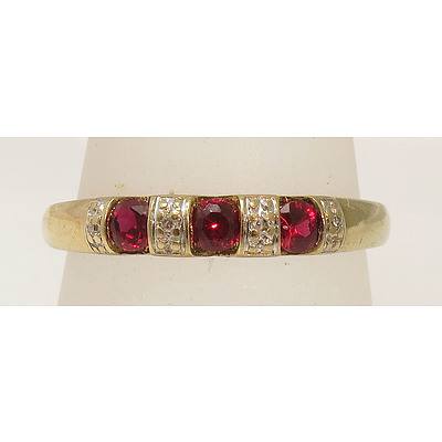 9ct Gold Ring Set With Synthetic Rubies And Natural Diamonds