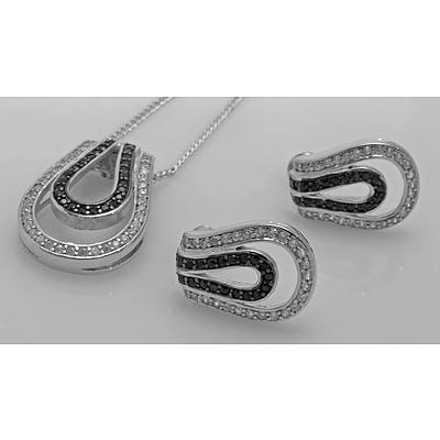 Sterling Silver Black & White Stone Set of Necklace & Earrings