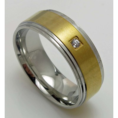 Stainless Steel Ring With 18ct Gold-Plated Centre, Set With Round Brilliant-Cut Cz