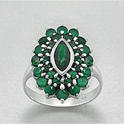 Sterling Silver Simulated Emerald Ring - Green Agate & Czs