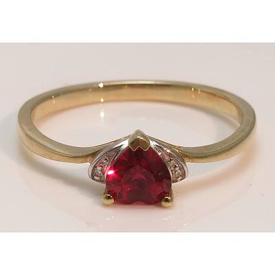 9ct Gold Ring - Synthetic Ruby & Diamond