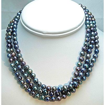 Triple Length Strand Of Peacock-Black Cultured Pearls