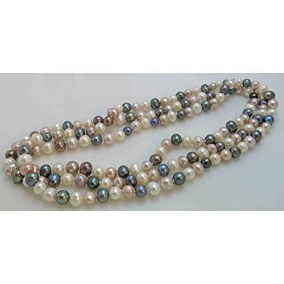 Extra Long Strand Of Black White & Pastel Freshwater Pearls