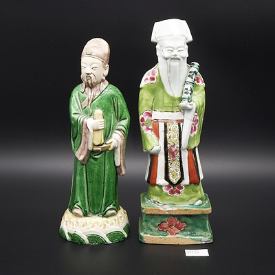 Two 18th Chinese Famille Verte Glazed Biscuit Porcelain Models of Daoist Immortals
