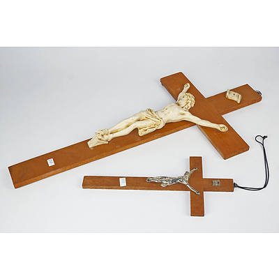 Vintage Maple and Plaster Crucifix, Plus Another Smaller Oak and Nickle Plated Crucifix