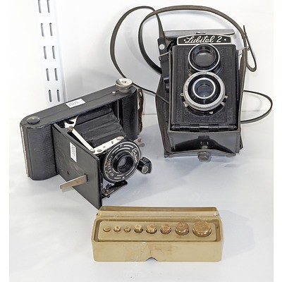 Ensign and Lubitel-2 Cameras, Plus Gold Weights Set