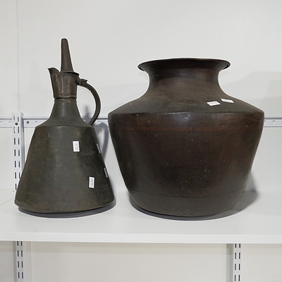 Antique Middle Eastern Copper Vessel and Water Pitcher