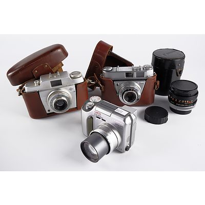 AGFA Silette Vario and Kodak Retinette 35mm Cameras, Olympus C-730 Digital Camera and Canon FD mm Lens in Case