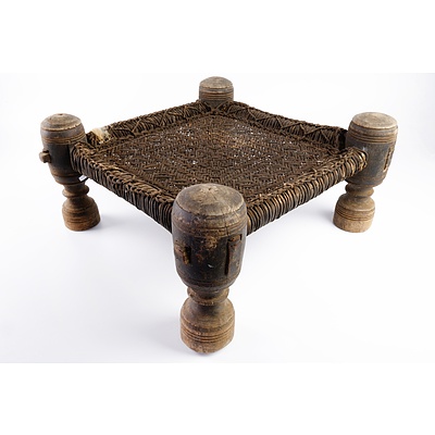 Three Hand Crafted Timber and Woven Rattan Stools - India or Pakistan(3)