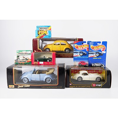 Maisto 1:18 VW Cabriolet, Road Legends 1:18 VW Beetle, Burago 1:24 Jaguar XK 129 Coupe and Five Small Model cars