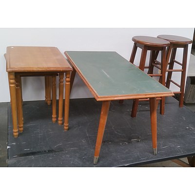 Two Wooden Stools, Set of Three Rubberwood Nesting Tables and a Wooden Coffee Table