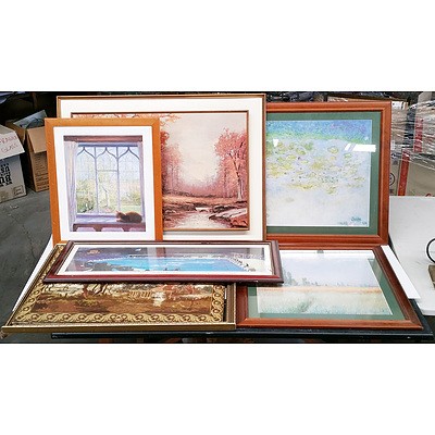 Group of Five Prints and One Framed Textile Artwork