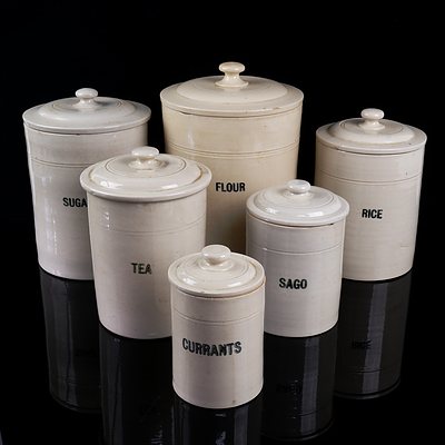Antique Set of Six R. Fowler of Sydney Pottery Lidded Canisters