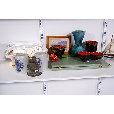 Assorted Vintage Collectibles and Napery including Canada Mountain Pottery and Hand Blown Glass Flower