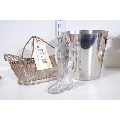 Vintage Silver Plate Bottle Holder, Ice Bucket and Boot Glass