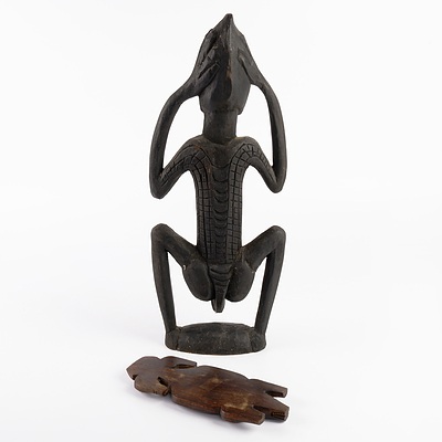 Pacific Island Fertility Figure with Shell Eyes and a Carved Crocodile Totem
