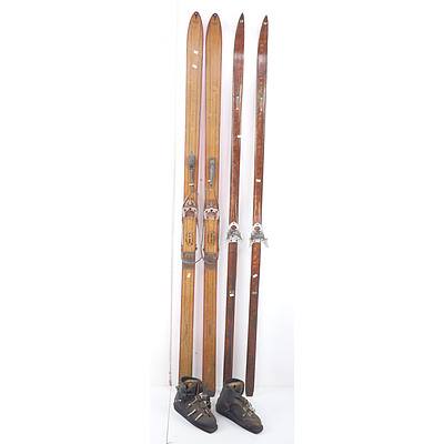 Two Pairs of Vintage Skis, Including Attenhofer Everest and Erikoiskilpa, with One Pair of Tyrolin Ski Boots