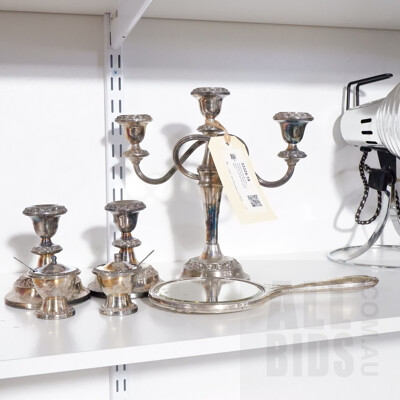 Silverplate Candlesticks including Three Branch Candelabra, Cruet Set and Hand Mirror