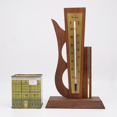 Vintage Commonwealth Bank of Australian Tin Money Box and Technitherm Thermometer