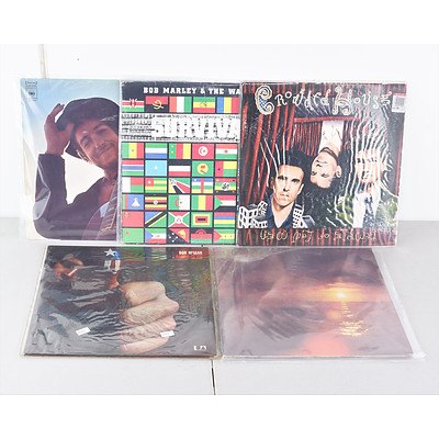 Quantity of Five Vinyl 12 inch LP Records Including Bob Dylan, Crowded House, Bob Marley, Don Mclean and More