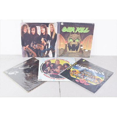 Quantity of Five Vinyl 12 inch LP Records Including Over Kill, Metallica, Aerosmith and More