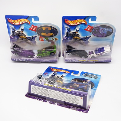 Three Hotwheels Batman Vehicle Pair Sets including: Catwoman, Penguin and Joker