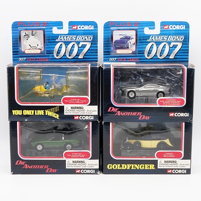 Four Corgi 'James Bond' Vehicle Sets, ""You Only Live Twice"" Little Nellie, ""Die Another Day"" Aston Martin and Jaguar XKR, and ""Goldfinger"" Rolls Royce