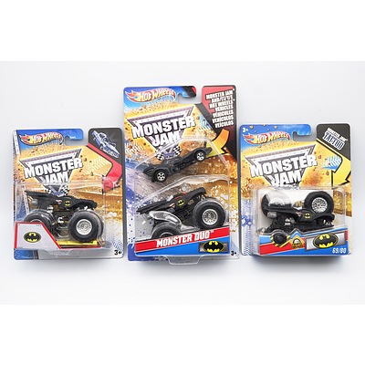 Three Batman Hotwheels Monster Jam Vehicle Sets including Monster Duo