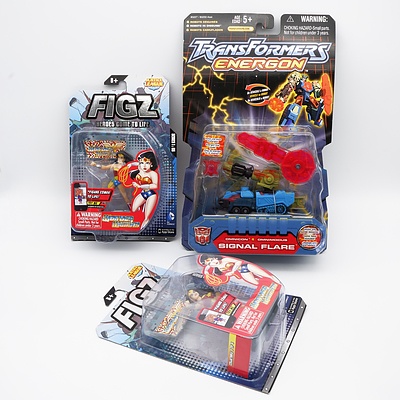 Three Action Figures including Figz Wonder Woman x2 and Transformers Energon