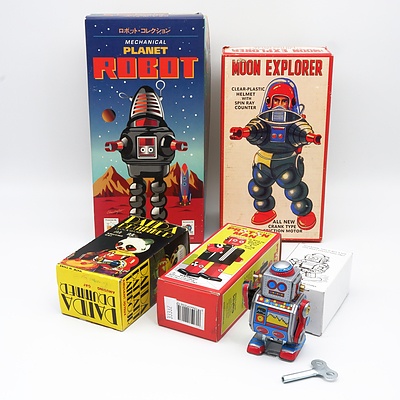 Five Robot Figures including Planet Robot, Moon Explorer, Panda Drummer, Proton Man and One Other