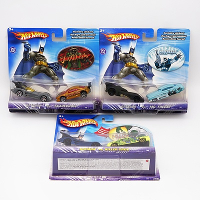 Three Hotwheels Batman Vehicle Pair Sets including: Scarecrow, Killer Croc, and Mr. Freeze