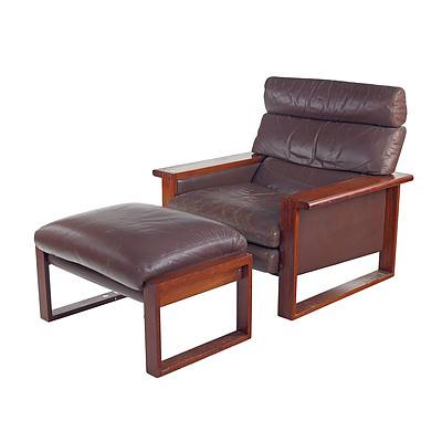 Retro Jarrah Framed Armchair and Matching Footstool in Tan Leather with Decorative Finger Jointed Woodwork