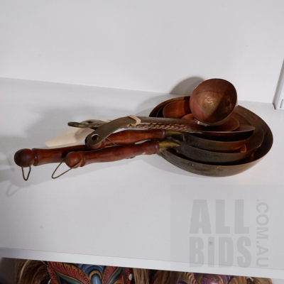 Three Copper Skillets with Wooden Handles and Three Copper Ladles including Berczi