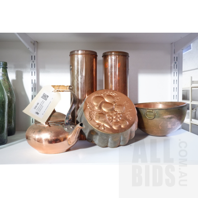 Six Various Copper Pieces including Storage Canister and Mixing Bowl