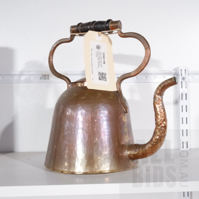 Large Vintage Punched and Etched Copper Kettle with Wooden Handle - Marked Berczi to Base