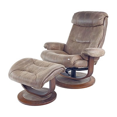 Vintage Reclining Armchair with Matching Footstool in Soft Brown Leather on Swivel Pedestal Base