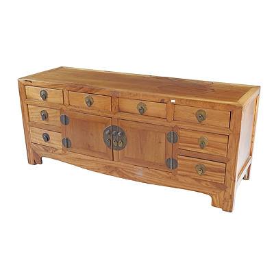 Oriental Low Storage Cabinet with Eight Drawers, Cupboards and Brass Hardware