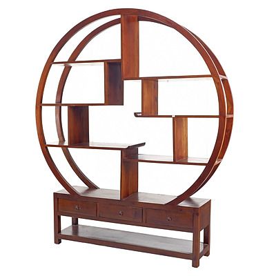 Large Asian Circular Form Solid Timber Display Shelf with Three Drawers Below