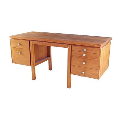 Large Bespoke Retro Style Teak Veneer Desk with Six Drawers