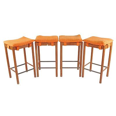 Set of Four Retro Parker Teak Framed Stools with Orange Upholstered Cushions