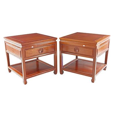 Pair of Asian Solid Rosewood Bedside Cabinets with Carved Inset 'Shou' Symbol Handles