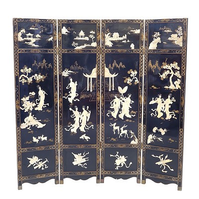 Decorative Four Panel Lacquered Room Divider with Shell Decoration