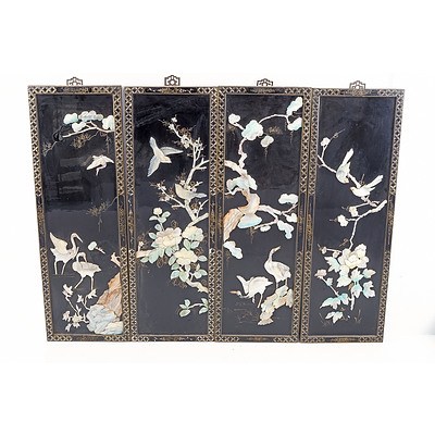Four Chinese Black Lacquered and Mother of Pearl and Hardstone Decorated Hanging Panels (4)