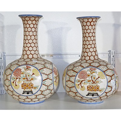 Pair Asian Carved and Relief Enamelled Mantle Vases