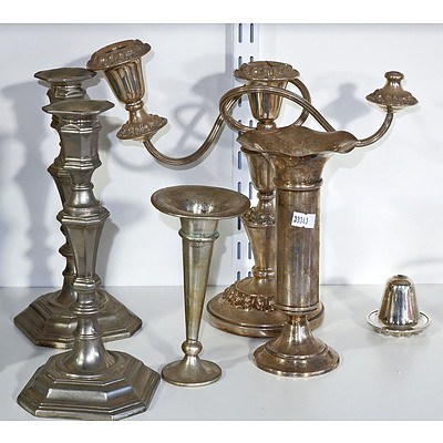 Collection of Silver Plate Candle Sticks and Tulip Vases
