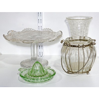 Depression Glass Juicer and Cake Stand Etc